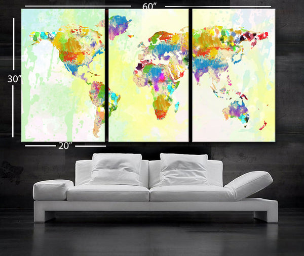 LARGE 30"x60" 3Panels Art Canvas Print Watercolor World Map pastels Texture Home decor - BoxColors