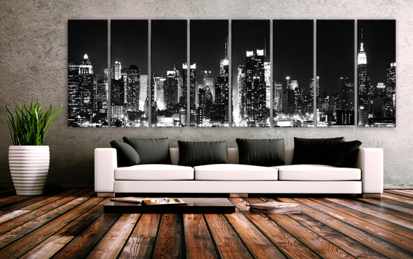 XXLARGE 30"x 96" 8 Panels Art Canvas Print beautiful New York City skyline Black & White Wall Home (Included framed 1.5" depth) - BoxColors