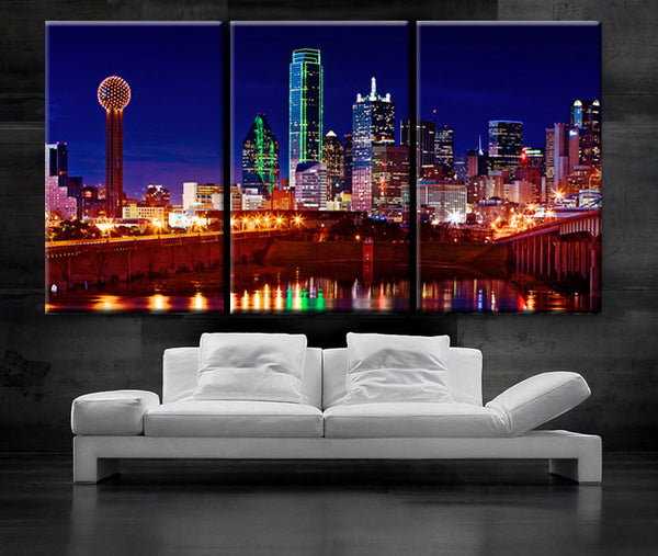 LARGE 30"x 60" 3 Panels Art Canvas Print beautiful Dallas tx Skyline Black & White Wall Home (Included framed 1.5" depth) - BoxColors
