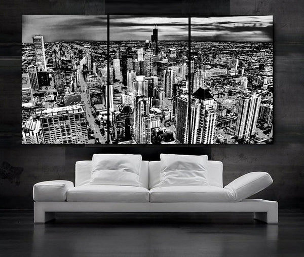 LARGE 30"x 60" 3 Panels Art Canvas Print Beautiful Chicago skyline City Sunset light Wall Home - BoxColors
