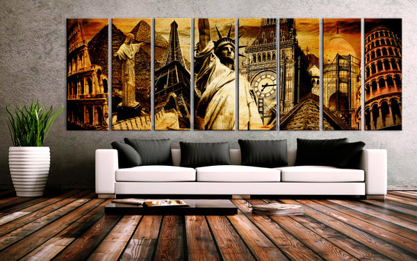 30"x96" 8 Panels Canvas Print Wonders World black & White decor home - BoxColors