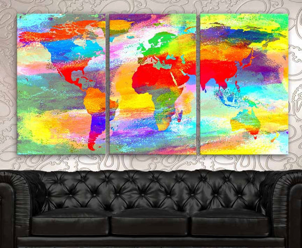 LARGE 30"x 60" 3 Panels Art Canvas Print Acrylic Texture Original World Map pastels colors Wall Home decor interior (framed 1.5" depth) - BoxColors