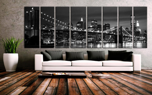 XXLARGE 30"x 96" 8 Panels Art Canvas Print beautiful New York Brooklyn bridge skyline Black & White Wall Home (Included framed 1.5" depth) - BoxColors