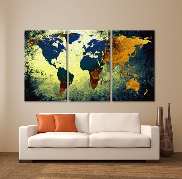 LARGE 30"x 60" 3 Panels Art Canvas Print World Map Texture Abstract Blue yellow orange Wall Decor home office interior  ( framed 1.5" depth) - BoxColors