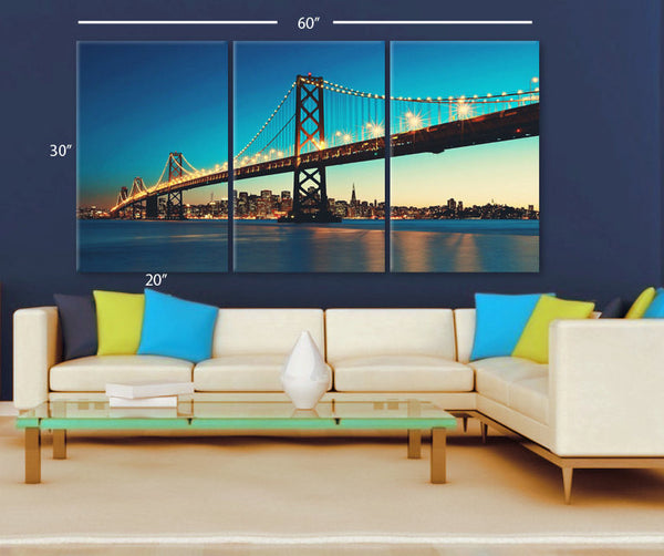 LARGE 30"x 60" 3 Panels Art Canvas Print Beautiful Bay Bridge San Francisco California Wall Home decor interior (Included framed 1.5" depth) - BoxColors