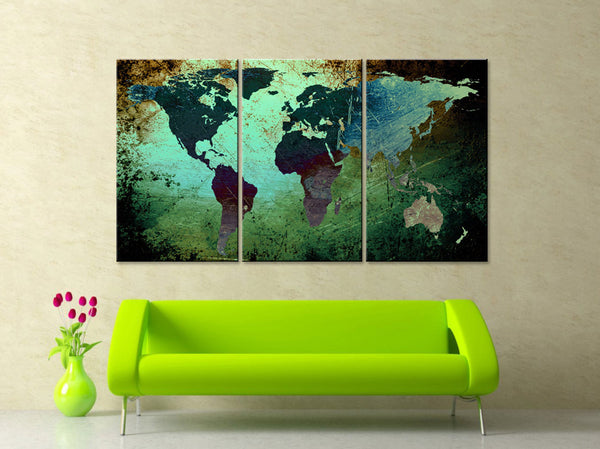 LARGE 30"x 60" 3 Panels Art Canvas Print World Map Texture Abstract green blue Wall Decor interior design Home Office (framed 1.5" depth) - BoxColors