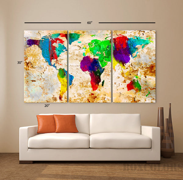 LARGE 30"x 60" 3 Panels Art Canvas Print World Map Original Texture Watercolor Abstract Old Wall interior design Home (framed 1.5" depth) - BoxColors