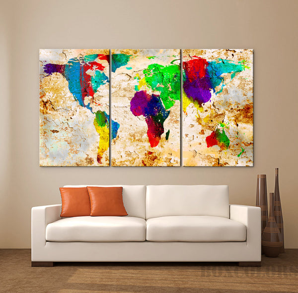 LARGE 30"x 60" 3 Panels Art Canvas Print World Map Original Texture Watercolor Abstract Old Wall interior design Home (framed 1.5" depth) - BoxColors