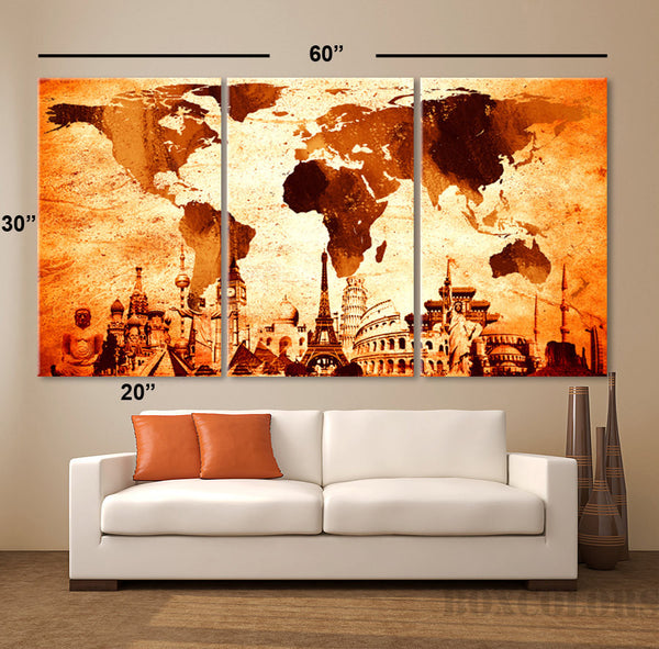 LARGE 30"x60" 3Panels Art Canvas Print Wonders of the world Map decor Home - BoxColors