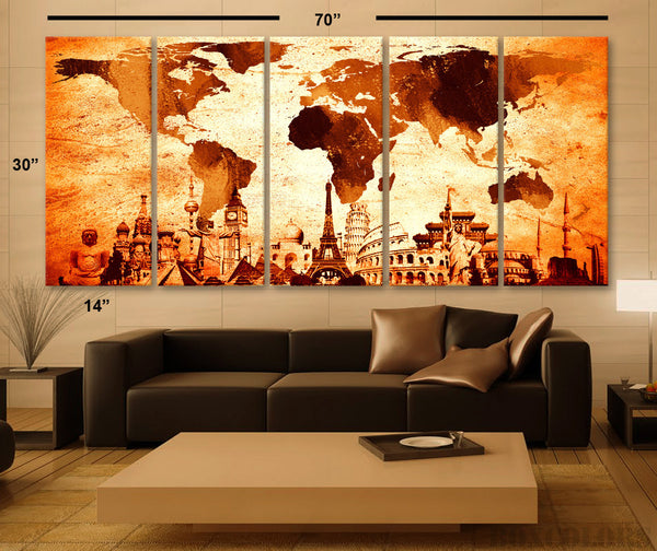 XLARGE 30"x 70" 5 Panels Art Canvas Print Original Wonders of the world Map Old Vintage drawing Wall decor Home interior (framed 1.5" depth) - BoxColors