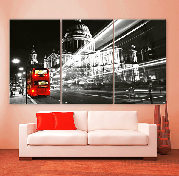 LARGE 30"x 60" 3 Panels Art Canvas Print Beautiful London England Bus Red night lights Wall Home decor  interior design ( framed 1.5" depth) - BoxColors