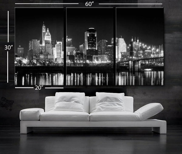 LARGE 30"x 60" 3 Panels Art Canvas Print Cincinnati Skyline night light Downtown Black & White Wall Home decor interior (framed 1.5" depth) - BoxColors