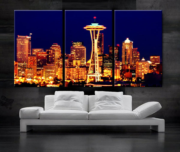 LARGE 30"x 60" 3 Panels Art Canvas Print Seattle Washington Skyline at night Downtown Wall Home office decor interior - BoxColors