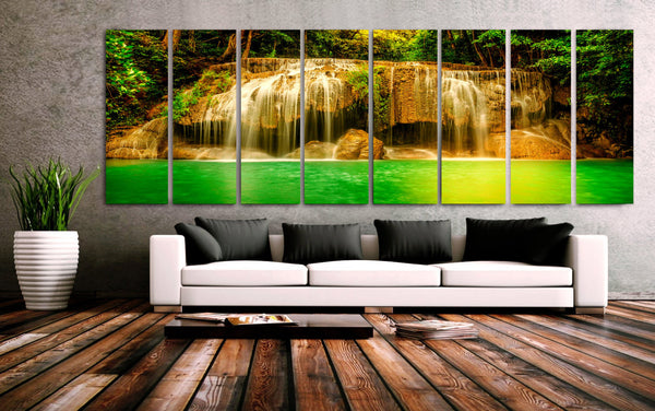 XXLARGE 30"x 96" 8 Panels Art Canvas Print beautiful Waterfall Trees Green river Wall Home Decor interior (Included framed 1.5"depth) - BoxColors