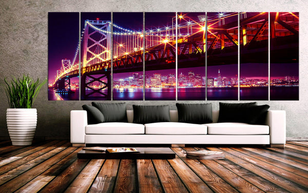 XXLARGE 30"x 96" 8 Panels Art Canvas Print beautiful Bay Bridge San francisco California skyline night Wall Home decor (framed 1.5" depth) - BoxColors