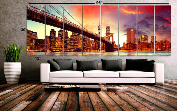 XXLARGE 30"x 96" 8 Panels Art Canvas Print beautiful brooklyn Bridge New York city skyline night Wall Home decor (framed 1.5" depth) - BoxColors