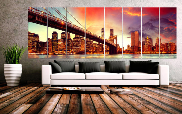 XXLARGE 30"x 96" 8 Panels Art Canvas Print beautiful brooklyn Bridge New York city skyline night Wall Home decor (framed 1.5" depth) - BoxColors