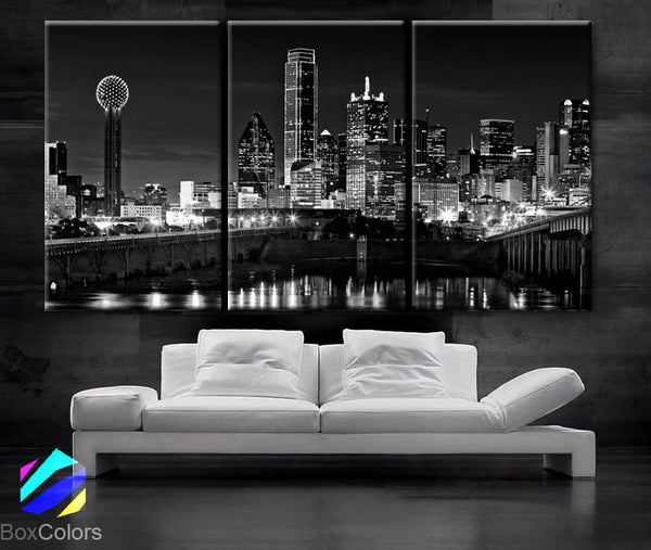 LARGE 30"x 60" 3 Panels Art Canvas Print beautiful Dallas tx Skyline Black & White Wall Home (Included framed 1.5" depth) - BoxColors