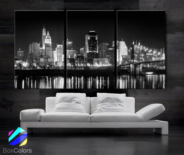 LARGE 30"x 60" 3 Panels Art Canvas Print Cincinnati Skyline night light Downtown Black & White Wall Home decor interior (framed 1.5" depth) - BoxColors