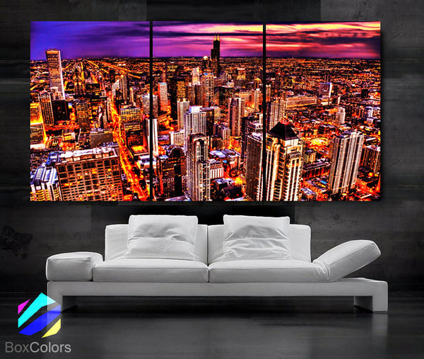 LARGE 30"x 60" 3 Panels Art Canvas Print Beautiful Chicago skyline City Sunset light Wall Home - BoxColors