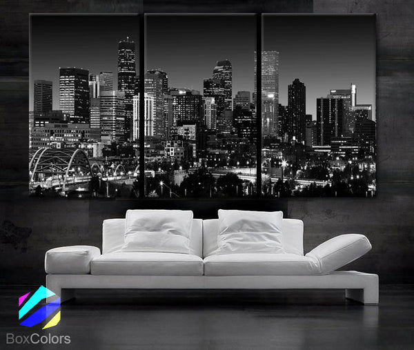 LARGE 30"x 60" 3 Panels Art Canvas Print Beautiful Denver Colorado skyline at night light buildings Wall Home (Included framed 1.5" depth) - BoxColors