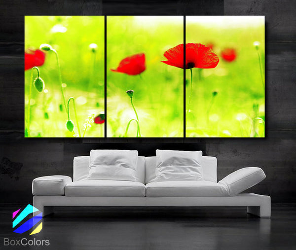 LARGE 30"x 60" 3 Panels Art Canvas Print beautiful Poppies Flowers Floral Red Green Yellow Wall Home (Included framed 1.5" depth) - BoxColors