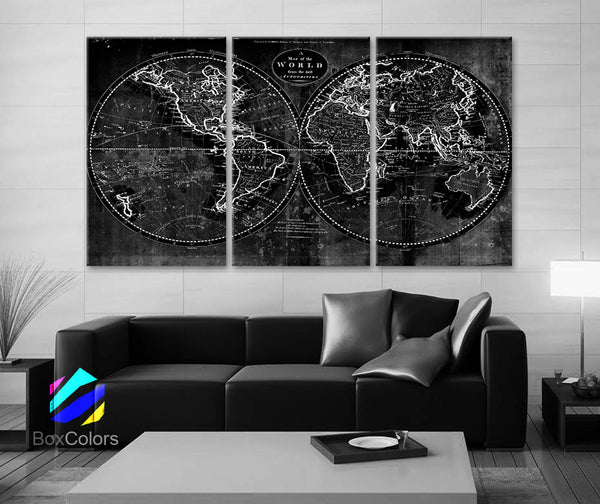 LARGE 30"x 60" 3 Panels Art Canvas Print world Map Old Vintage Rustic Black & White Wall decor Home Office interior ( framed 1.5" depth ) - BoxColors
