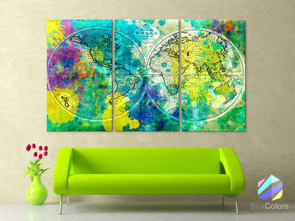 LARGE 30"x 60" 3 Panels Art Canvas Print Original World Map Watercolor Old Vintage Wall decor Home Office design interior - BoxColors