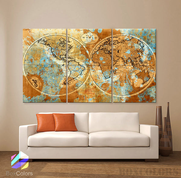 LARGE 30"x 60" 3 Panels Art Canvas Print Original world Map Watercolor Old Vintage Rustic Wall decor Home Office interior - BoxColors