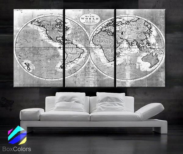 LARGE 30"x 60" 3 Panels Art Canvas Print world Map Old Vintage Rustic Black White Gray Wall decor Home interior (Included framed 1.5" depth) - BoxColors