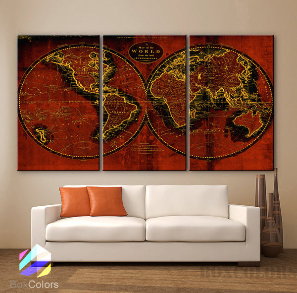 LARGE 30"x 60" 3 Panels Art Canvas Print Original world Map Old Vintage Rustic Brown Wall decor Home interior (Included framed 1.5" depth) - BoxColors