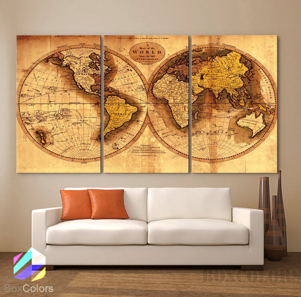 LARGE 30"x 60" 3 Panels Art Canvas Print Original world Map Old Vintage Rustic Wall decor Home Office interior (Included framed 1.5" depth) - BoxColors