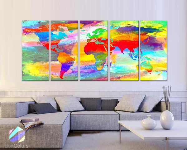 XLARGE 30"x 70" 5 Panels Art Canvas Print Acrylic Texture Original World Map pastels colors Wall Home decor interior (framed 1.5" depth) - BoxColors
