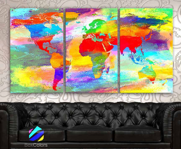 LARGE 30"x 60" 3 Panels Art Canvas Print Acrylic Texture Original World Map pastels colors Wall Home decor interior (framed 1.5" depth) - BoxColors