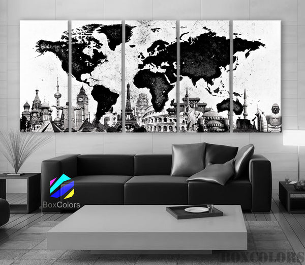 XLARGE 30"x 70" 5 Panels Art Canvas Print Original Wonders of the world Map Black & White Wall decor Home interior (framed 1.5" depth) - BoxColors