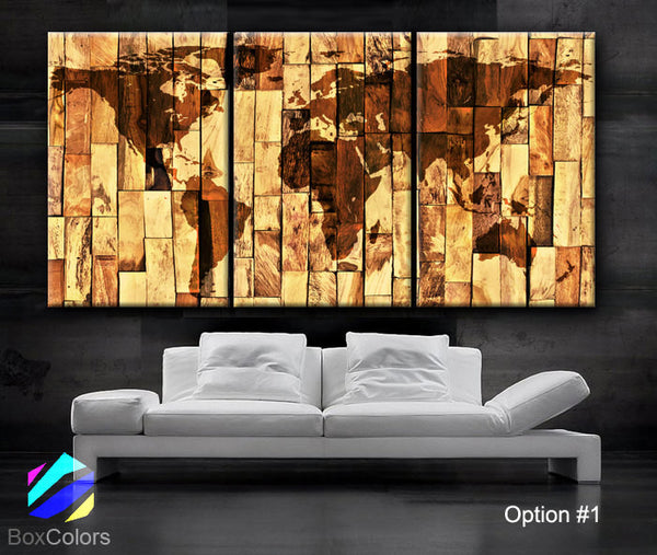 LARGE 30"x 60" 3 Panels Art Canvas Print Original World Map Wood panels texture Wall home office decor interior - BoxColors