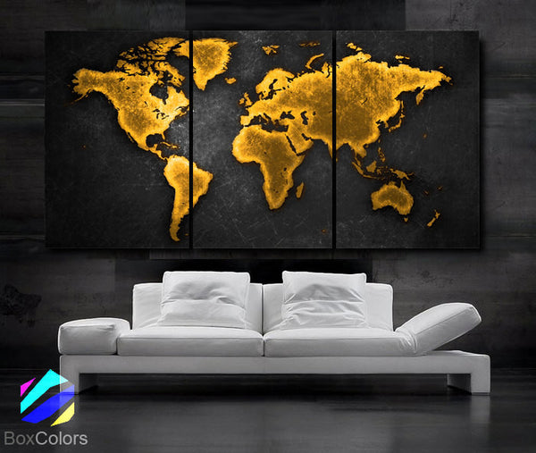 LARGE 30"x 60" 3 Panels Art Canvas Print World Map tone Gold Brown/black background  Wall Home Office decor (Included framed 1.5" depth) - BoxColors