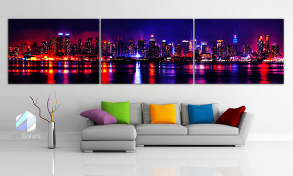 XLARGE 20"x 96" (8feet) 3 panels or 30x100 5 panels Art Canvas Print New York City night panoramic NY Wall Home (Included framed 1.5" depth) - BoxColors