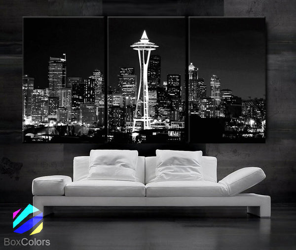 LARGE 30"x 60" 3 Panels Art Canvas Print Seattle Washington Skyline night Downtown Black & White Wall Home decor interior(framed 1.5" depth) - BoxColors