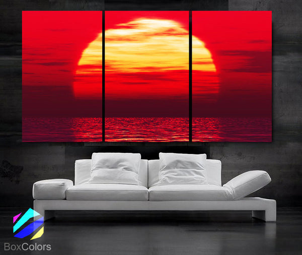 LARGE 30"x 60" 3 Panels Art Canvas Print Beautiful Huge Sunset Beach ocean sun Red Yellow  Wall Home (Included framed 1.5" depth) - BoxColors