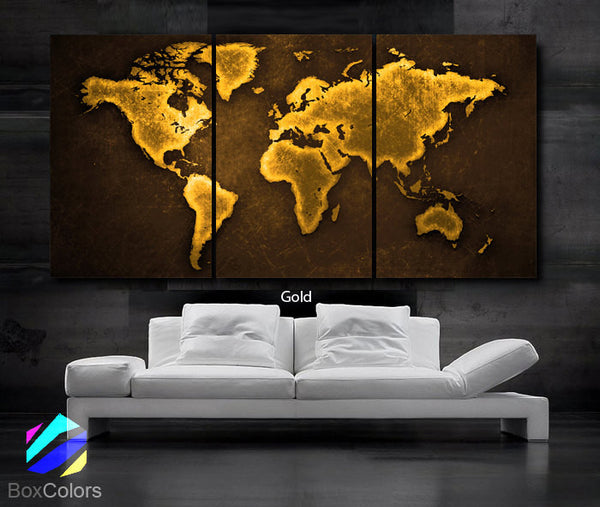 LARGE 30"x 60" 3 Panels Art Canvas Print World Map Select Color Gold Orange/Brown Green Blue Wall (Included framed 1.5" depth) - BoxColors