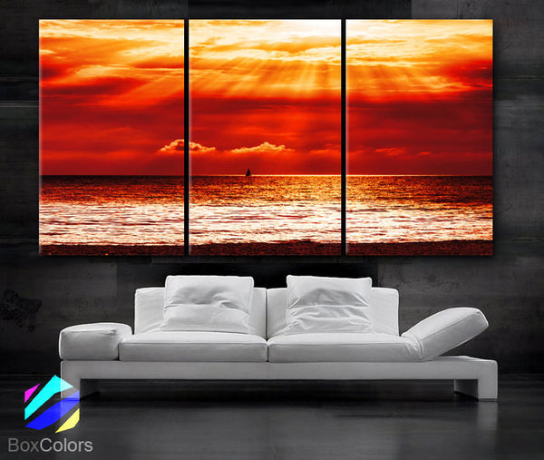LARGE 30"x 60" 3 Panels Art Canvas Print beautiful Beach Sunset red Yellow Ocean Wall home office interior decor(Included framed 1.5" depth) - BoxColors