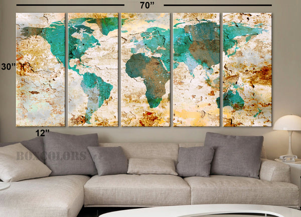 XLARGE 30"x 70" 5 Panels Art Canvas Print World Map Watercolor texture Old Wall Home ( framed 1.5" depth) - BoxColors