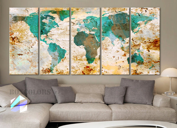 XLARGE 30"x 70" 5 Panels Art Canvas Print World Map Watercolor texture Old Wall Home ( framed 1.5" depth) - BoxColors