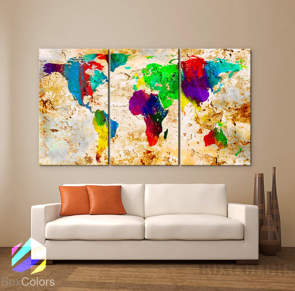 LARGE 30"x 60" 3 Panels Art Canvas Print World Map Original Texture Watercolor Abstract Old Wall interior design Home (framed 1.5" depth) - BoxColors