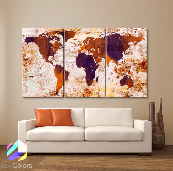 LARGE 30"x 60" 3 Panels Art Canvas Print World Map Original Watercolor Abstract Old Wall Orange brown interior decor Home(framed 1.5" depth) - BoxColors