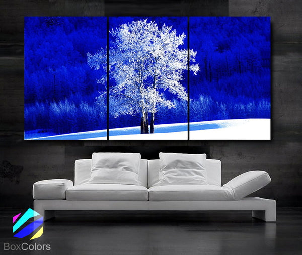 LARGE 30"x 60" 3 Panels Art Canvas Print Beautiful Nature winter tree Blue White Wall Home (Included framed 1.5" depth) - BoxColors