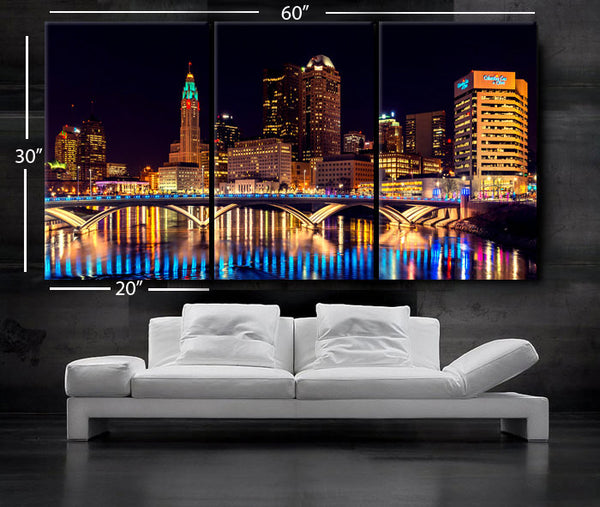 LARGE 30"x 60" 3 Panels Art Canvas Print Columbus Ohio Skyline night light Downtown bridge Wall Home decor interior (framed 1.5" depth) - BoxColors