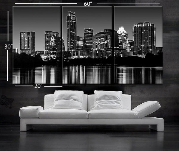 LARGE 30"x 60" 3 Panels Art Canvas Print Beautiful Austin TX skyline light buildings Wall Home (Included framed 1.5" depth) - BoxColors