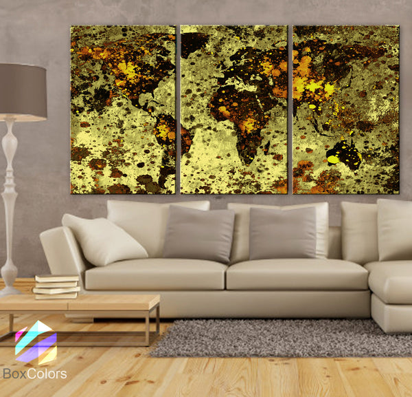 LARGE 30"x 60" 3 Panels Art Canvas Print Unique World Map Texture Abstract Yellow Brown Wall interior decor Home Office (framed 1.5" depth) - BoxColors